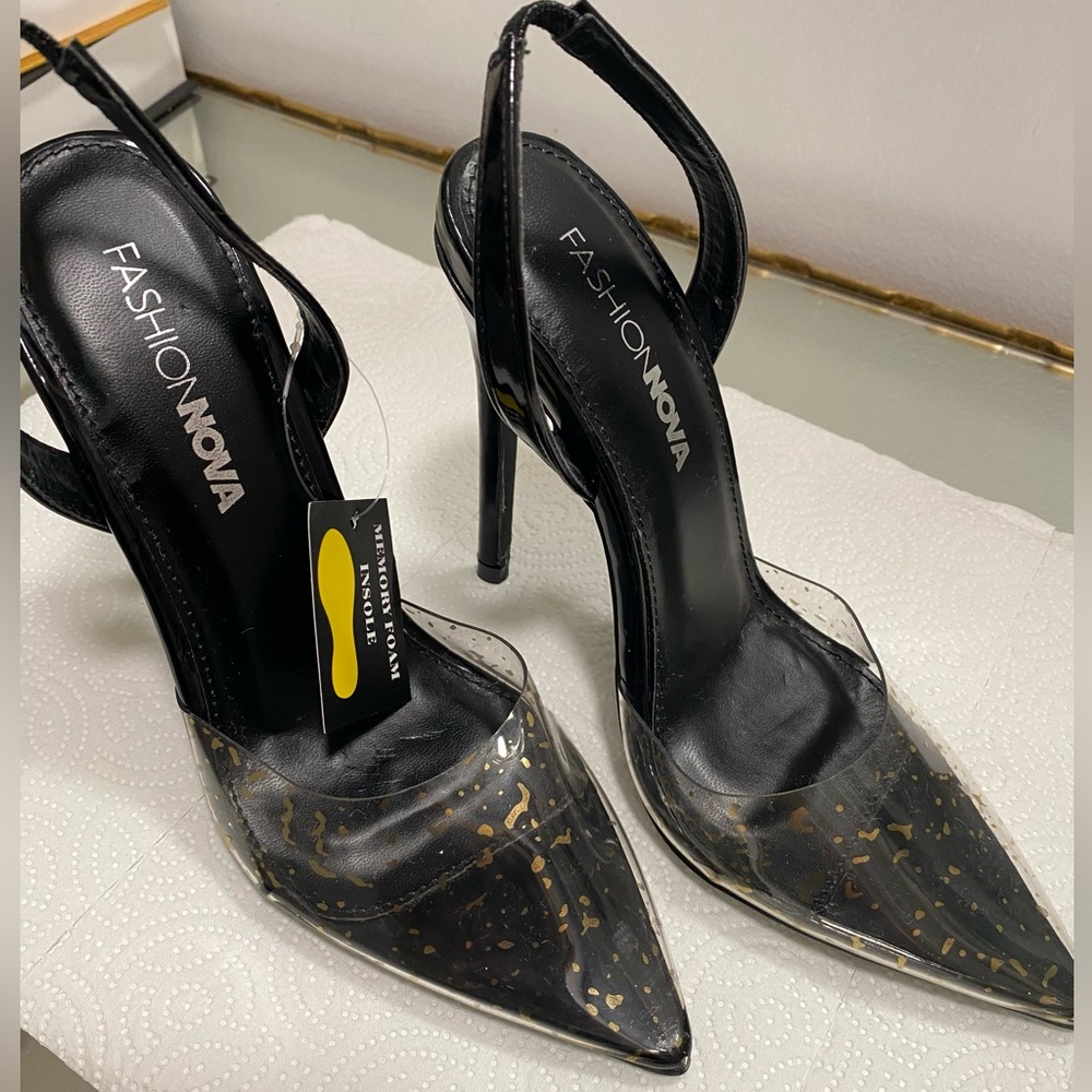 Fashion Nova Black and Gold Stiletto Heels